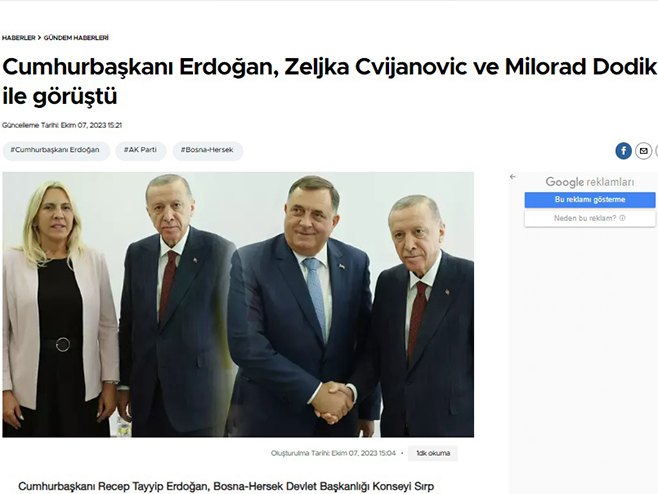PREDSJEDNIK SRPSKE U FOKUSU: Hurijet o sastanku Dodika i Cvijanovićeve sa Erdoganom