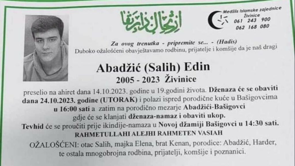 ŽIVINICE ZAVIJENO U CRNO: Preminuo mladić Edin Abadžić (19)
