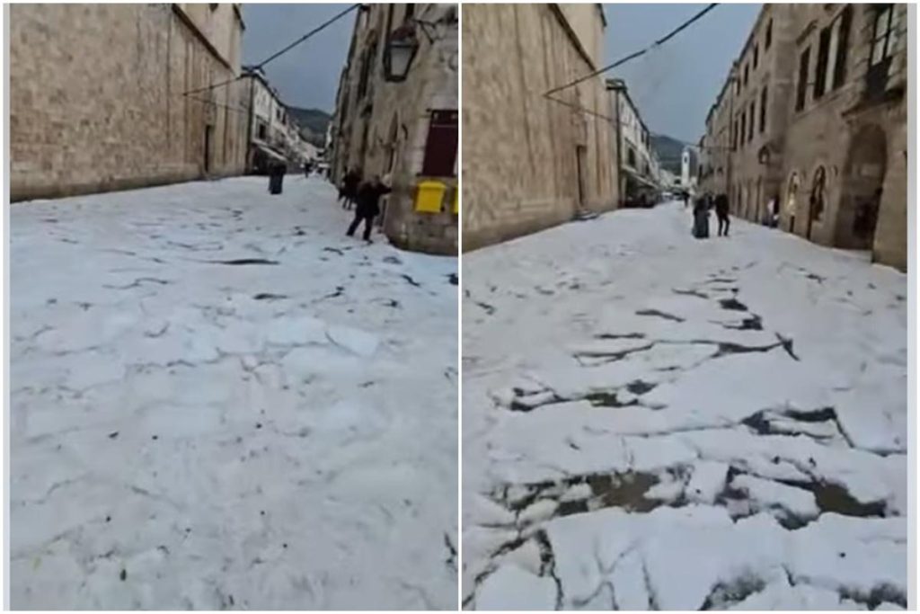 SNAŽNO NEVRIJEME POGODILO DUBROVNIK: Stradun pod ledom, postao najopasnije šetalište (VIDEO)