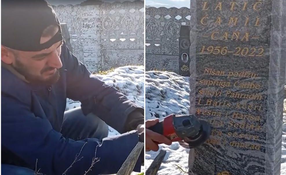 IZAZVAO BURNU REAKCIJU JAVNOSTI: Brusilicom skinuo ime bivše žene sa spomenika na grobu oca (VIDEO)
