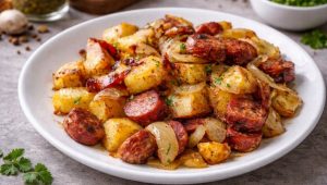 JEDNOSTAVNO I UKUSNO JELO: Zlatni krompir sa kobasicom i lukom (RECEPT)