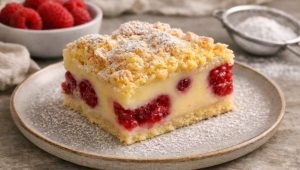 KOLAČ SA MALINAMA, PUDINGOM OD VANILE I PRHKIM MRVICAMA: Slatkiš za pamćenje